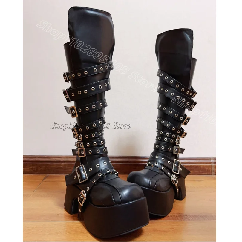 Black Belt Buckle Punk Style Boots Round Toe Chunky Heels Platform Spring Side Zipper Casual Party Boots Zapatos Para Mujere