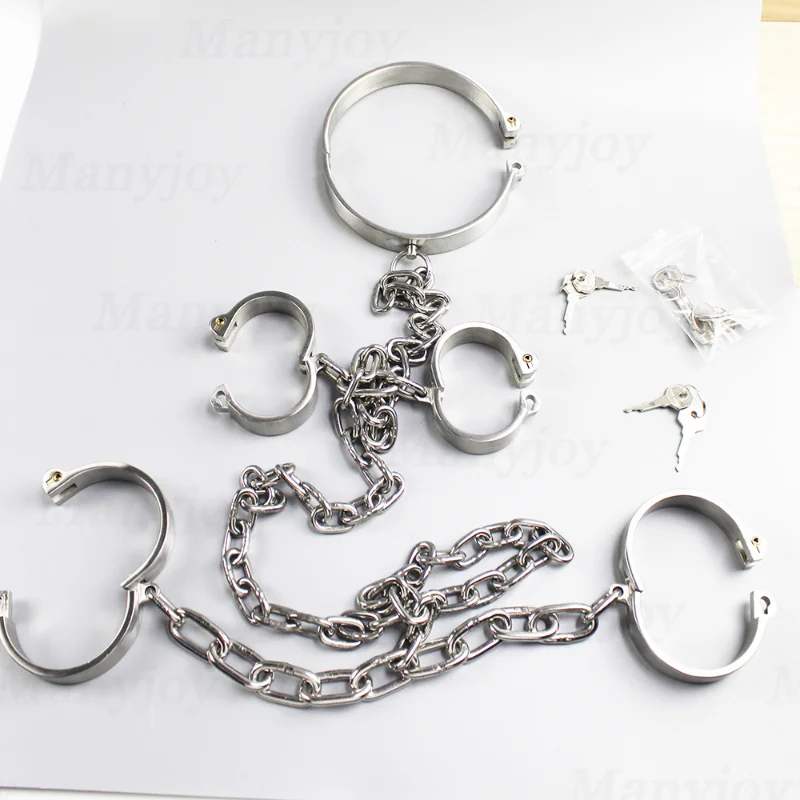 Heavy Stainless Steel Slave Lockable Handcuffs Ankle Cuffs Neck Collar Punishment Captivity BDSM Restraint Shackle Chain