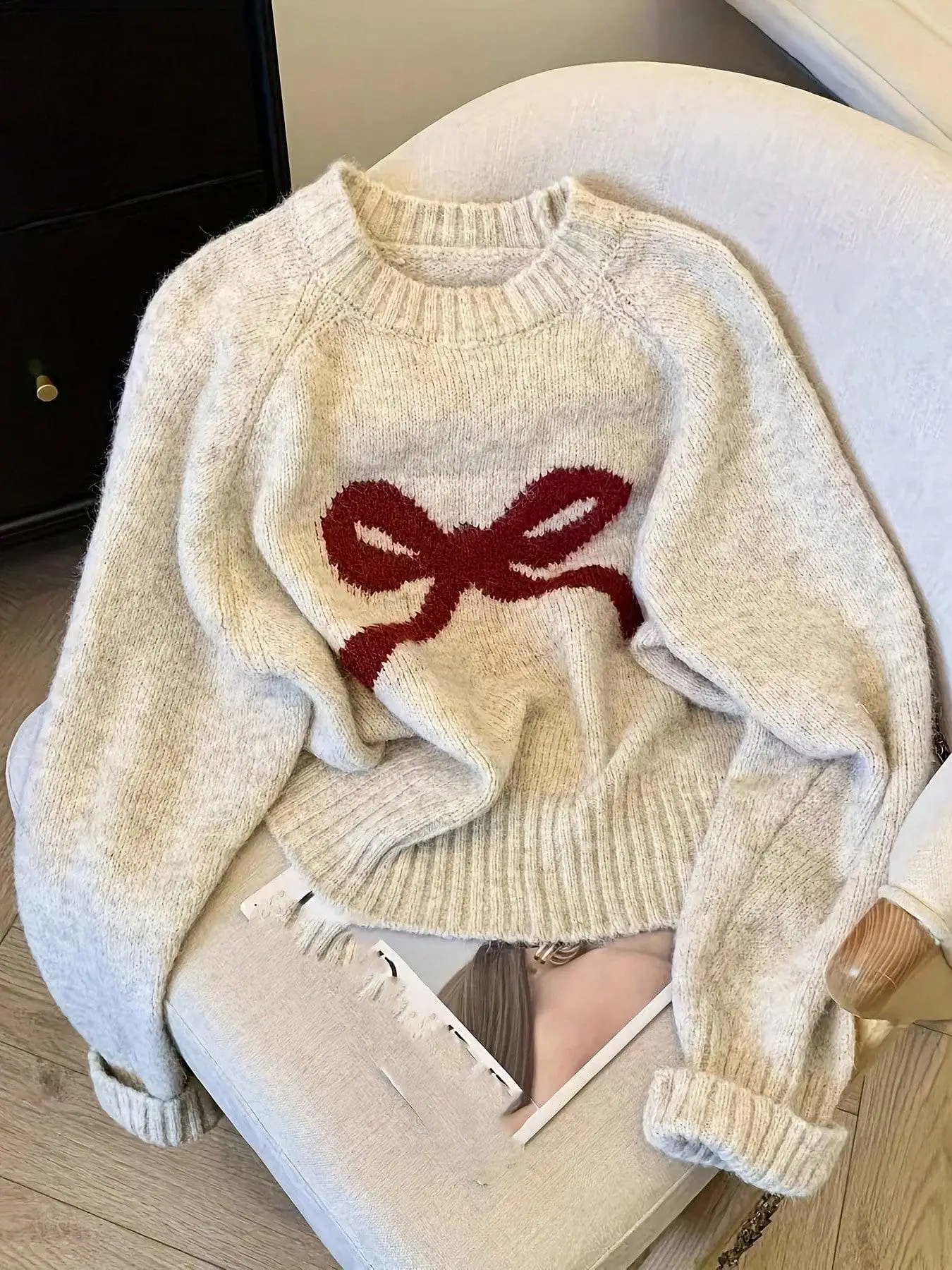 Women's Plus Size Knitted Sweater, Wool Crochet Cardigan with Butterfly Knot, Casual Fall & Winter Fashion, Loose-Fitting Design