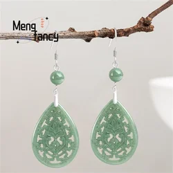 S925 Silver Inlaid Natural A-goods Jadeite Retro Hollow Carved Flowers Jade Earrings Exquisite Personalized Fashion Fine Jewelry