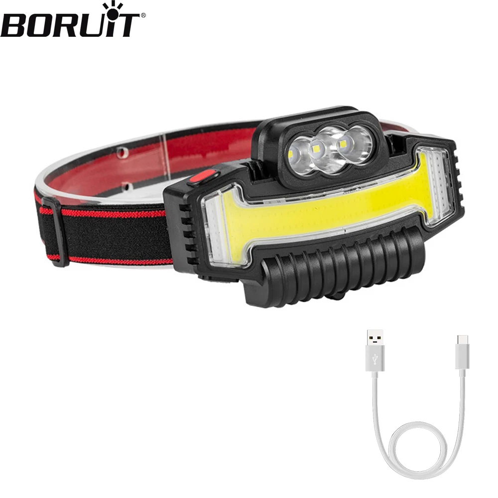 BORUiT Type-C Rechargeable LED Headlamp Super Bright Red and Blue Lights Headlight Waterproof Camping Hiking Portable Lantern