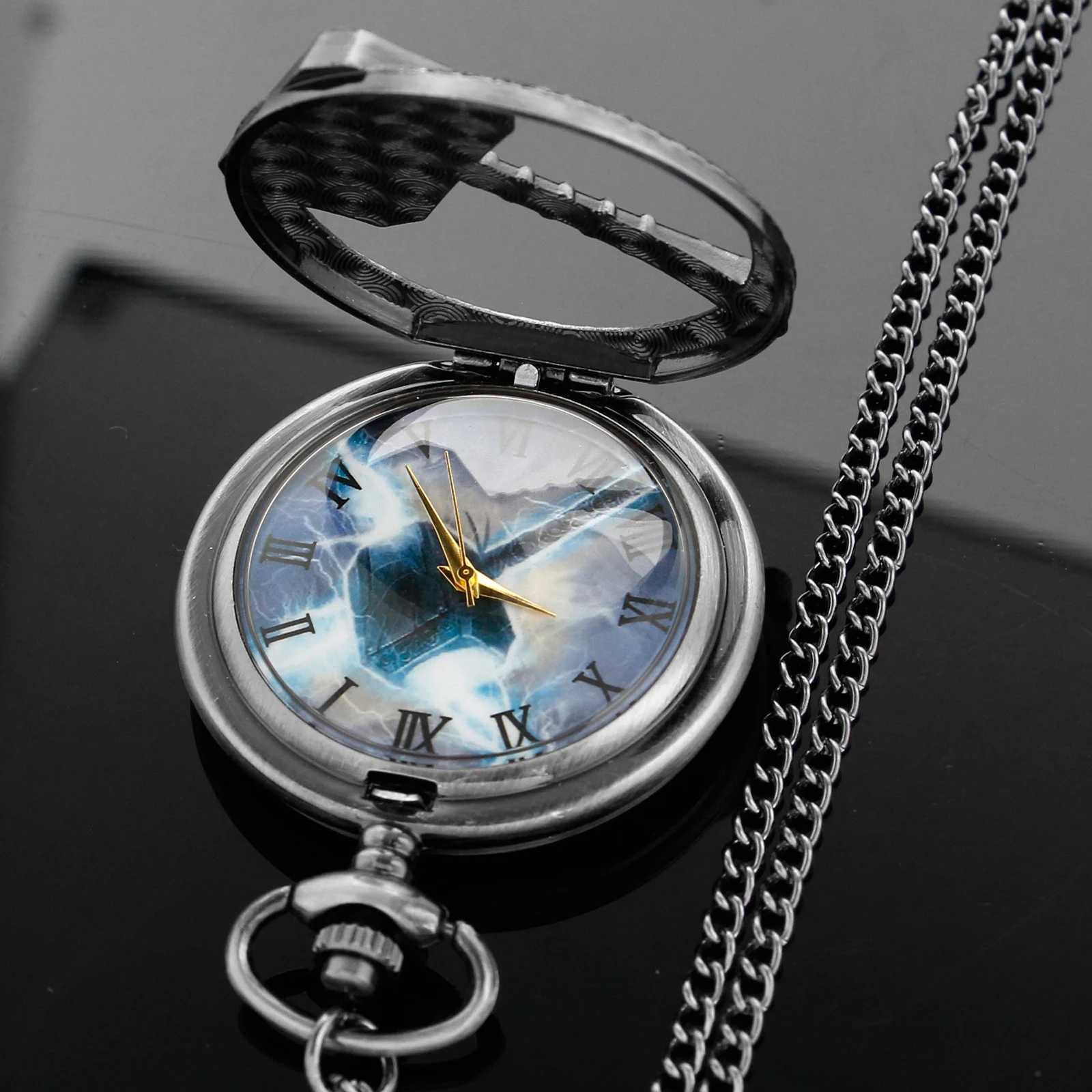 Film and Animation Thunder Hammer Logo Quartz Pocket Watch Steampunk Hollow Chain Watch Men's and Women's Pendant Necklace Gift