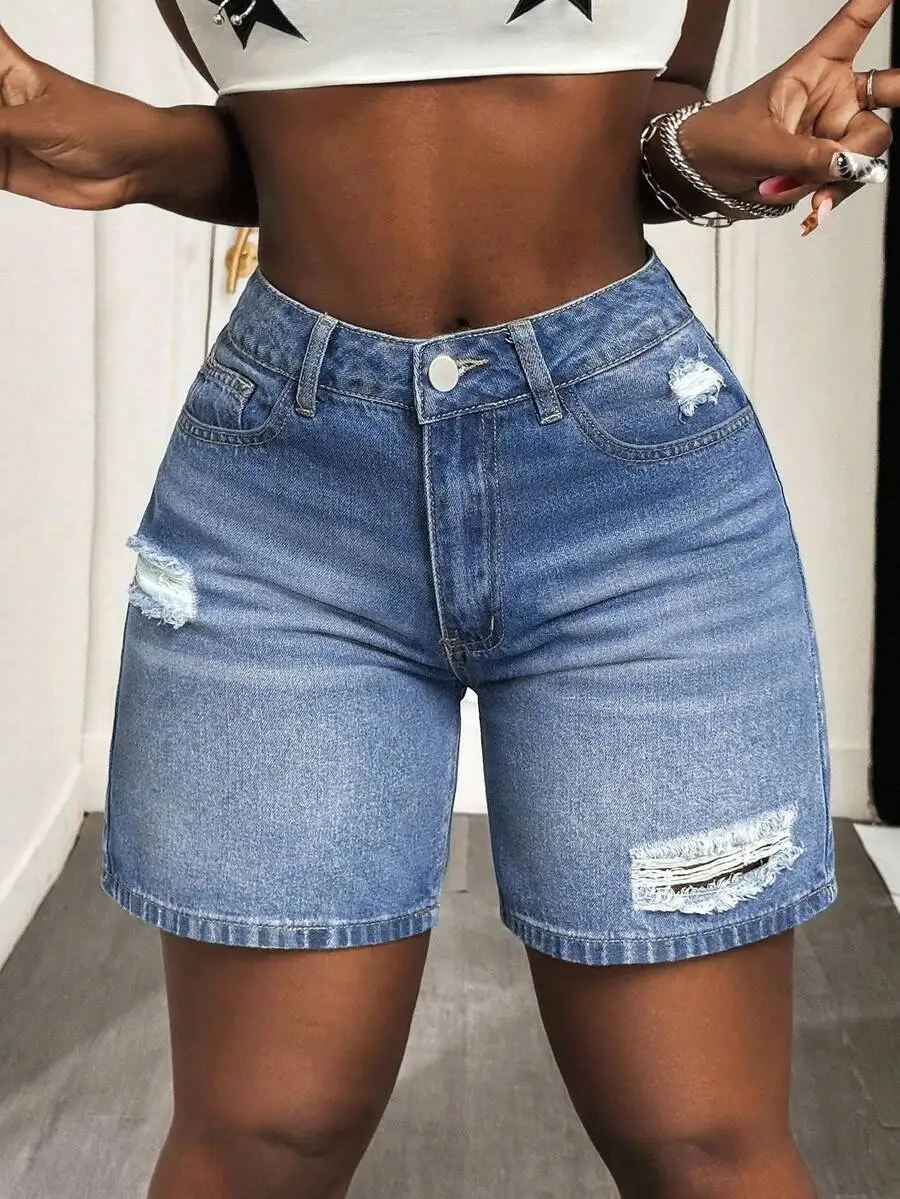 

Distressed Denim High Waist Skinny Shorts For Women