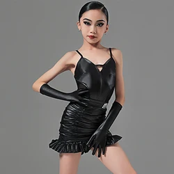 Black Leather Latin Dance Dress For Girls Samba ChaCha Competition Costume Leotard Skirt Rumba Salsa Training Clothes YS5335