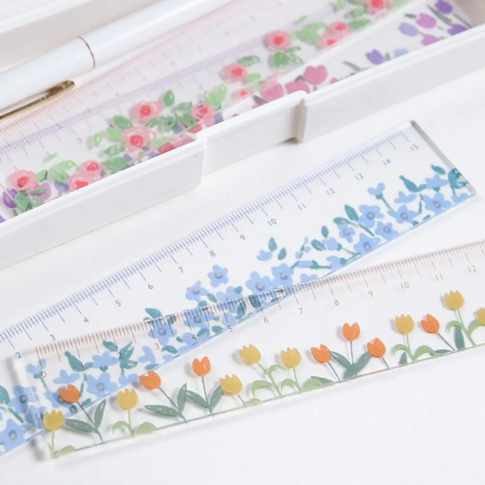 Double-duty 15cm Straight Ruler Creative Multifunction Acrylic DIY Drawing Tools Tulip Transparent Flower Bookmark Office