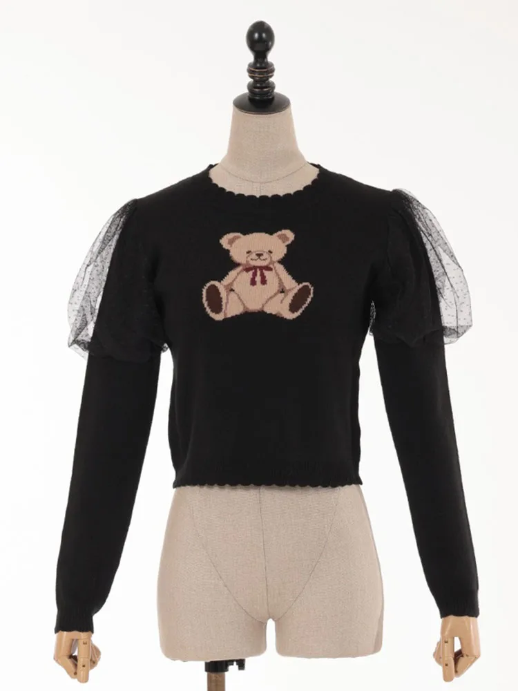 

Axes Femme Cute Knitted Bear Print Me Bubble Sve Patchwork Top Women's Winter Faion Acrylic Fiber 00% Polyester Blouse