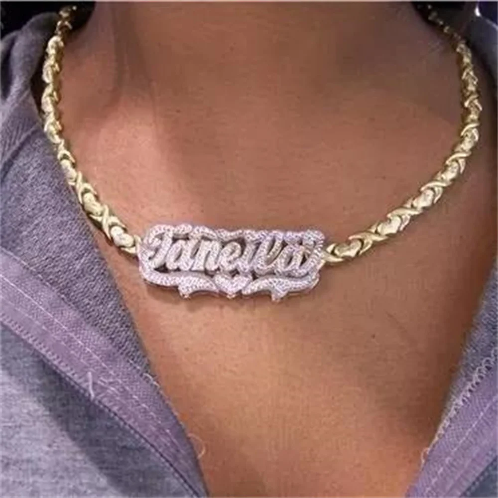 

Personalized Nameplate Name Necklace Two-Tone Pendant Necklace Custom 3D 18K Gold Plated Double Choker For Women