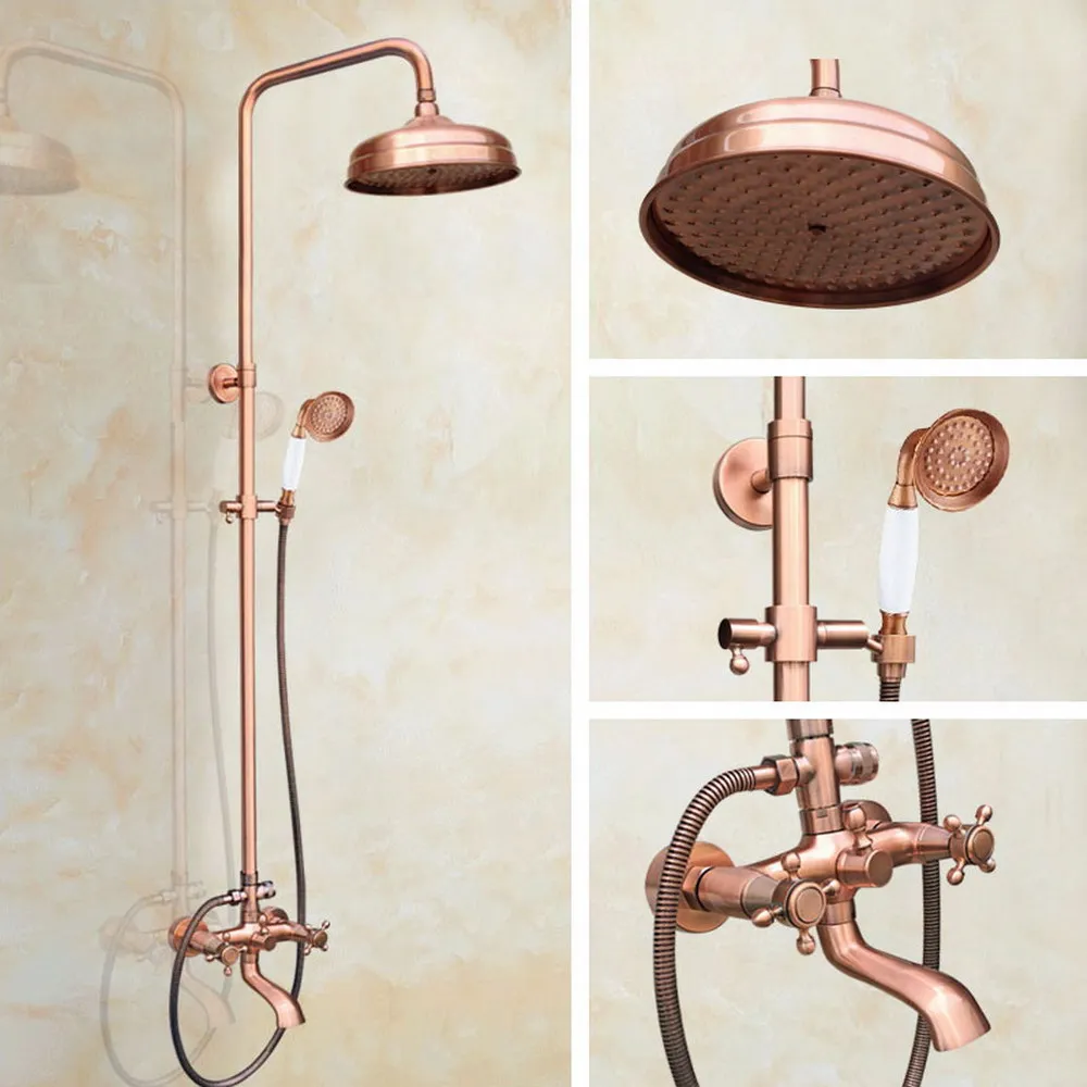 Red Copper Shower Bath Faucet Sets Wall Mounted EXposed 8