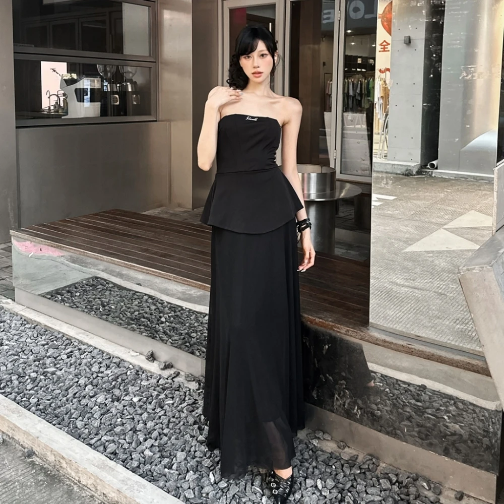 

SylCue Off Shoulder Sexy Strapless Maxi Dress Women Summer Trend Shirring Backless Mesh Patchwork Loose Hem Ruched Elegant Dress