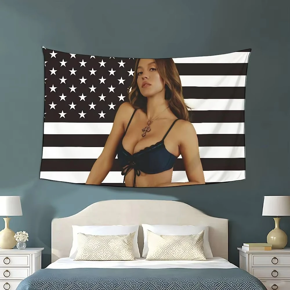Sydney Sweeney Black American Flag – lustiges, personalisiertes Banner für den Innen- und Außenbereich, Schlafzimmer, Heimdekoration, Flachdruck