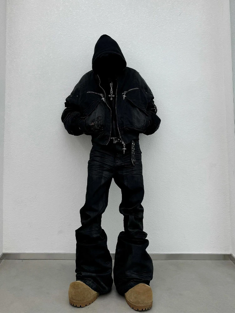

American High Street Ro Style Bell Bottom Wax Pants Denim Jeans Wrinkle Fall Fashion Casual Loose Fit Youth Jeans