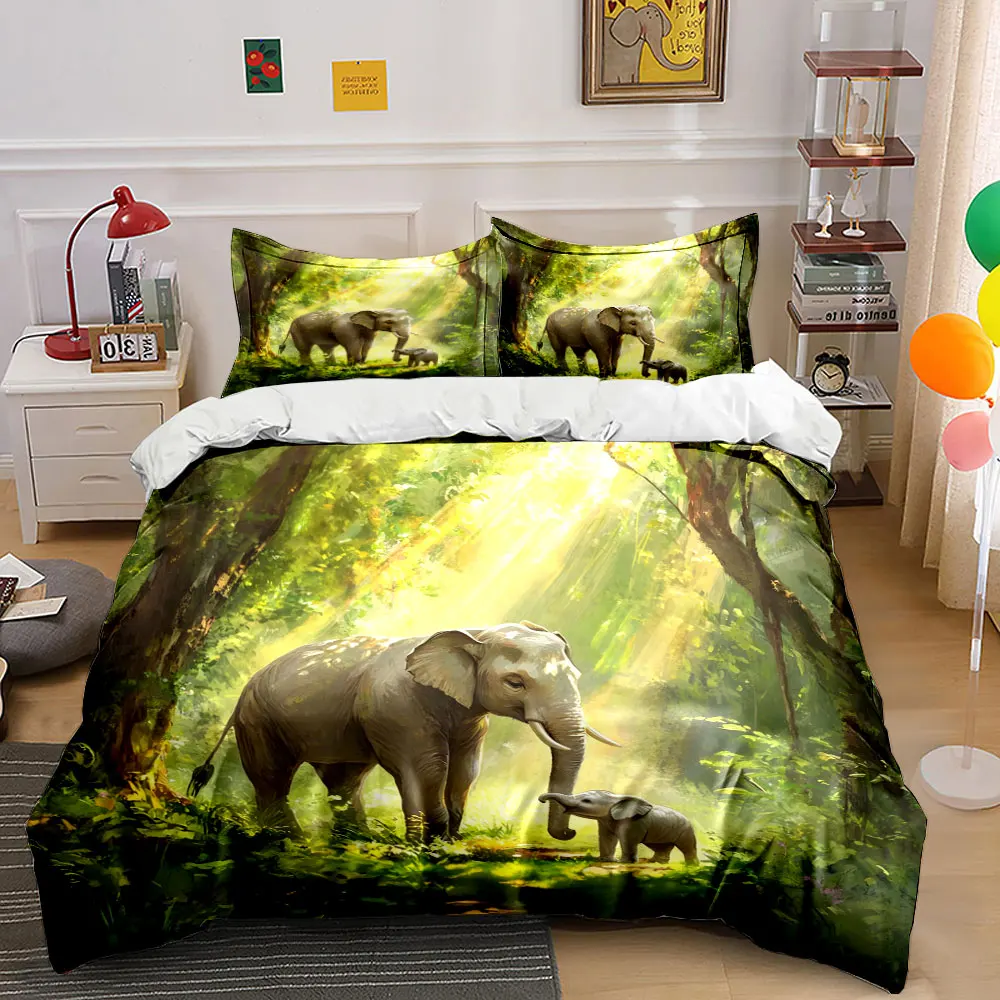 Elephant Mother and Calf in Sunlit Forest Print Bedding Set 1 Duvet Cover 2 Pillowcases for Adult Children Luxury Gift Full Size
