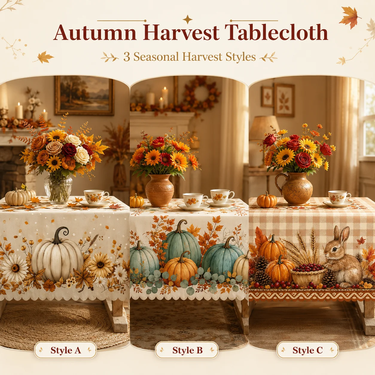 Autumn Harvest Pumpkin Tablecloth with Pumpkins, Leaves, Flowers and Farmhouse Truck Motifs, Country Farm Theme, Round, oval
