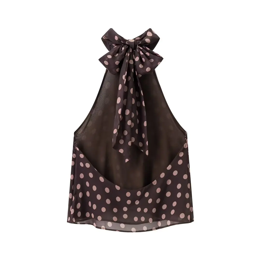 KONDALA بلوزات نسائية مثيرة أنيقة مطبوعة بنقاط رسن بدون ظهر قصيرة من الشيفون موضة 2025 قطع علوية أنيقة للحفلات والعطلات Y2K للفتيات