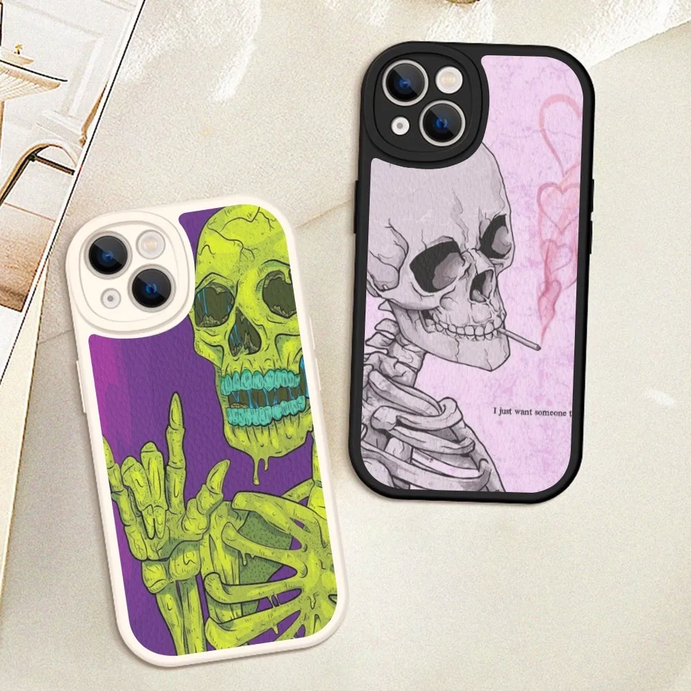 

Funny Skeleton Skull Phone Case Hard Leather For IPhone 16 15 14 13 12 Mini 11 14 Pro Max Xs X Xr 7 8 Plus Fundas