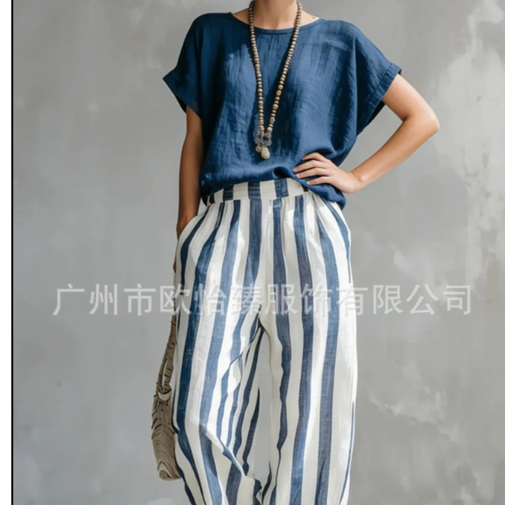 

Fashionable Loose Trousers Suit Retro Printed Striped Round Neck Short-sleeved Top Elastic Waist Wide Leg Trousers Two-piece Set