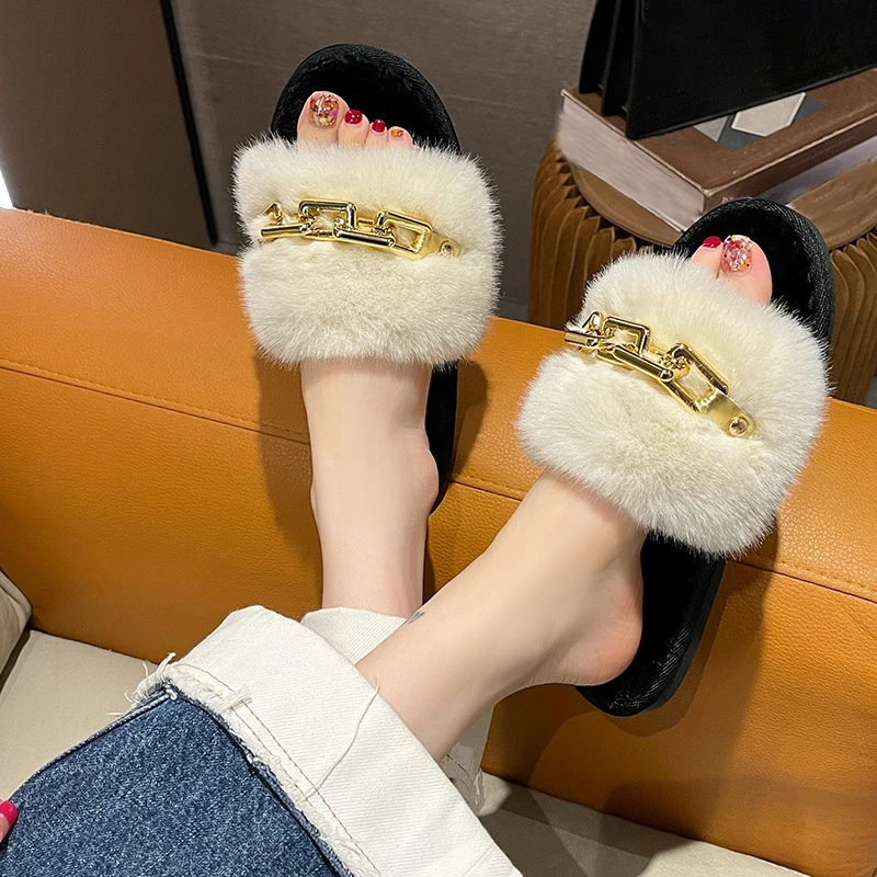 

Fluffy Slippers Home Winter Casual Chain Designer Shoes Women 2024 Indoor Platform Plush Slides Girls Fashion Elegant Large Size