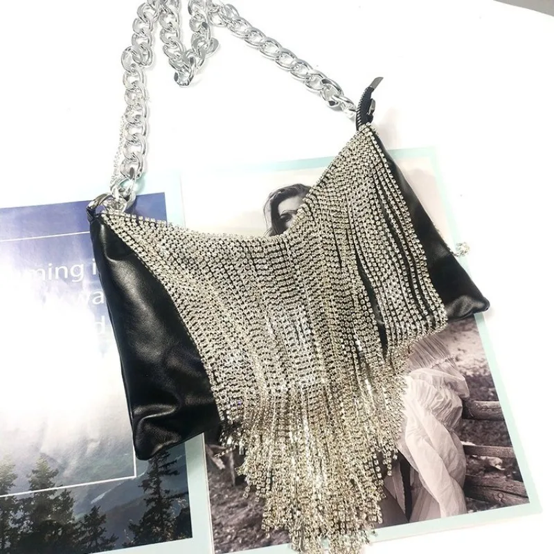 

Stylish Handmade With Diamond Beard Moon-shaped Necklace Leather Women's Bag Heavy Metal Shoulder Bag Women's Rhinestone Handbag
