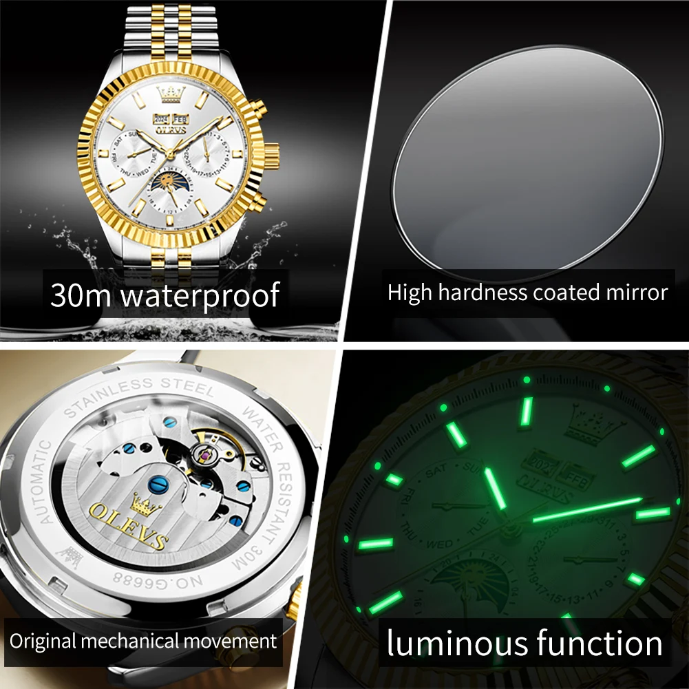 OLEVS Automatic Mechanical Watch for Men Week Calendar Multifunctional Moon Phase Waterproof Stainless steel Wristwatch Man 2024