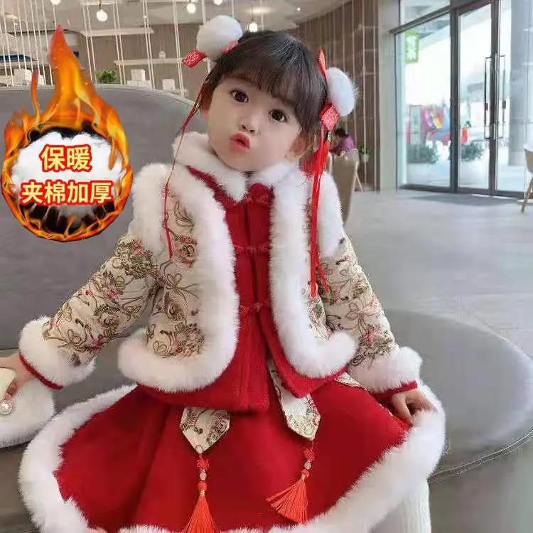 

Новый Новогодний комплект одежды для девочек зимняя утепленная Детская Новогодняя одежда из хлопка костюм Тан