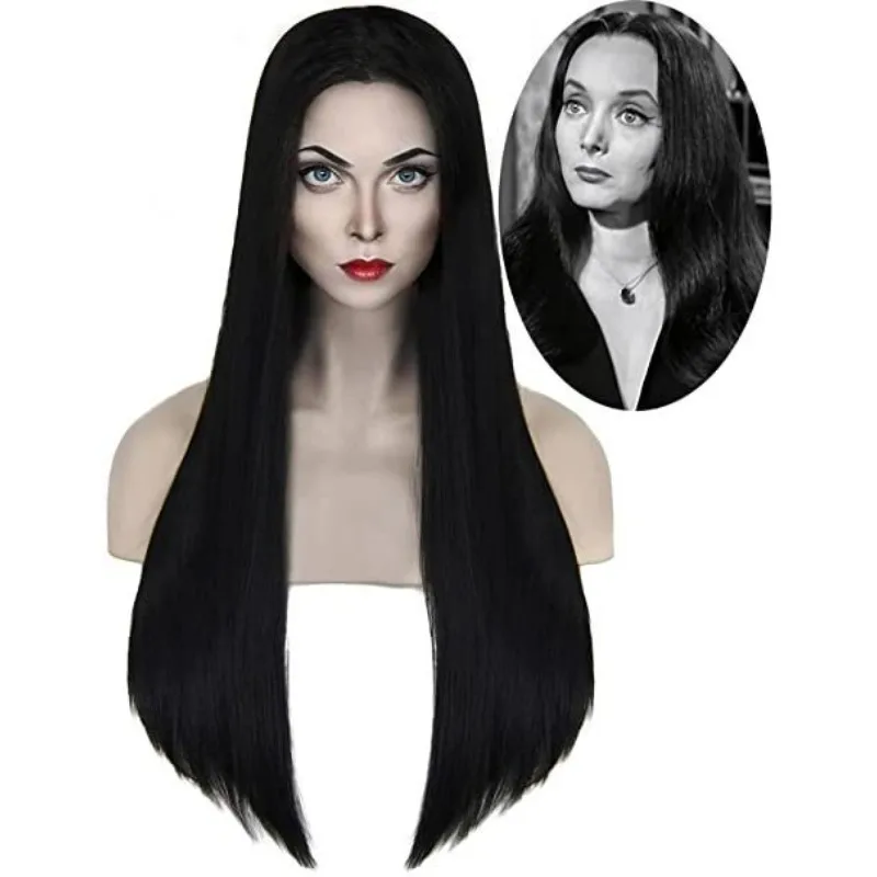 Black Center Parting Long Straight Wig Movie Adams Mom Cosplay Simulated Hair Button Mesh Chemical Fiber Filament Woman Hair Set