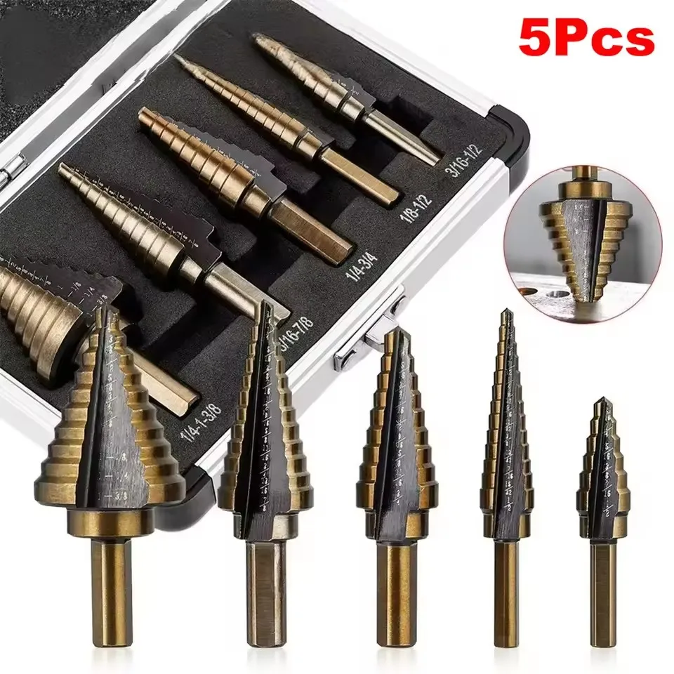 

5pc British System Roasted Yellow Triangular Straight Groove Step Drill Blackened Pagoda Drill Hole Opener Aluminum Box Tool