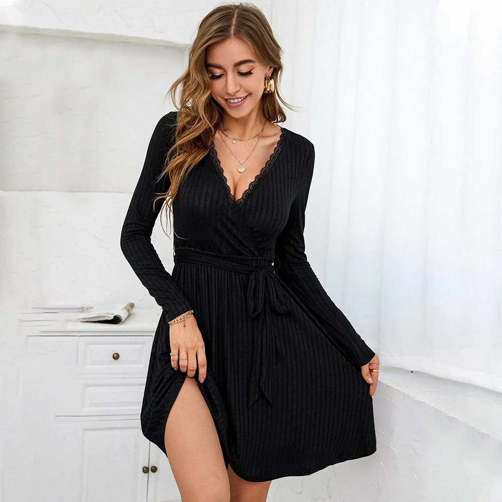 New Women Sexy V Neck Lace Patchwork Knit Long Sleeve Dress Bodycon Slim Fit