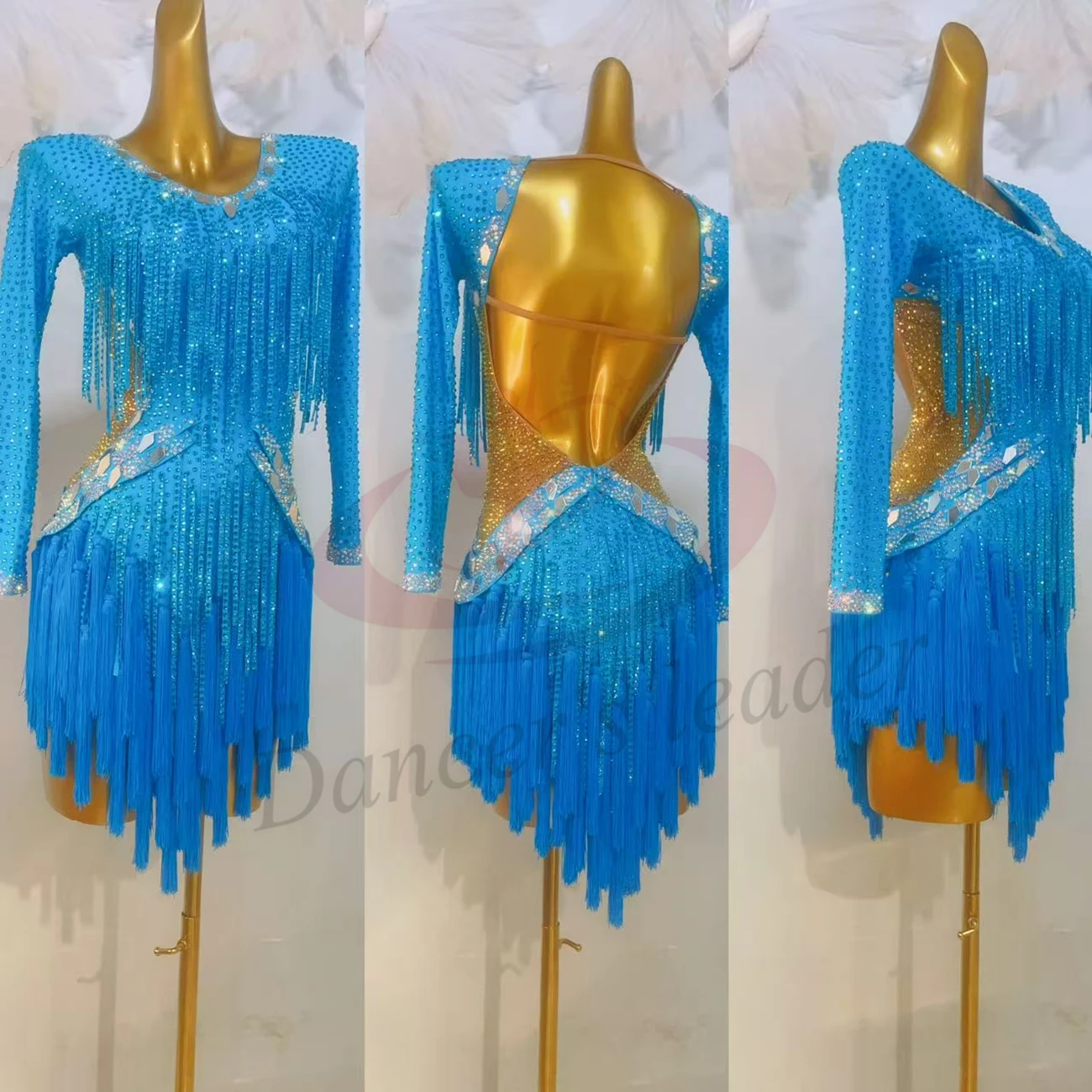 Gonna con nappe con giunture a barra di diamanti personalizzata di fascia alta da donna per danza latina, abito con strass con prestazioni di precisione di Samba