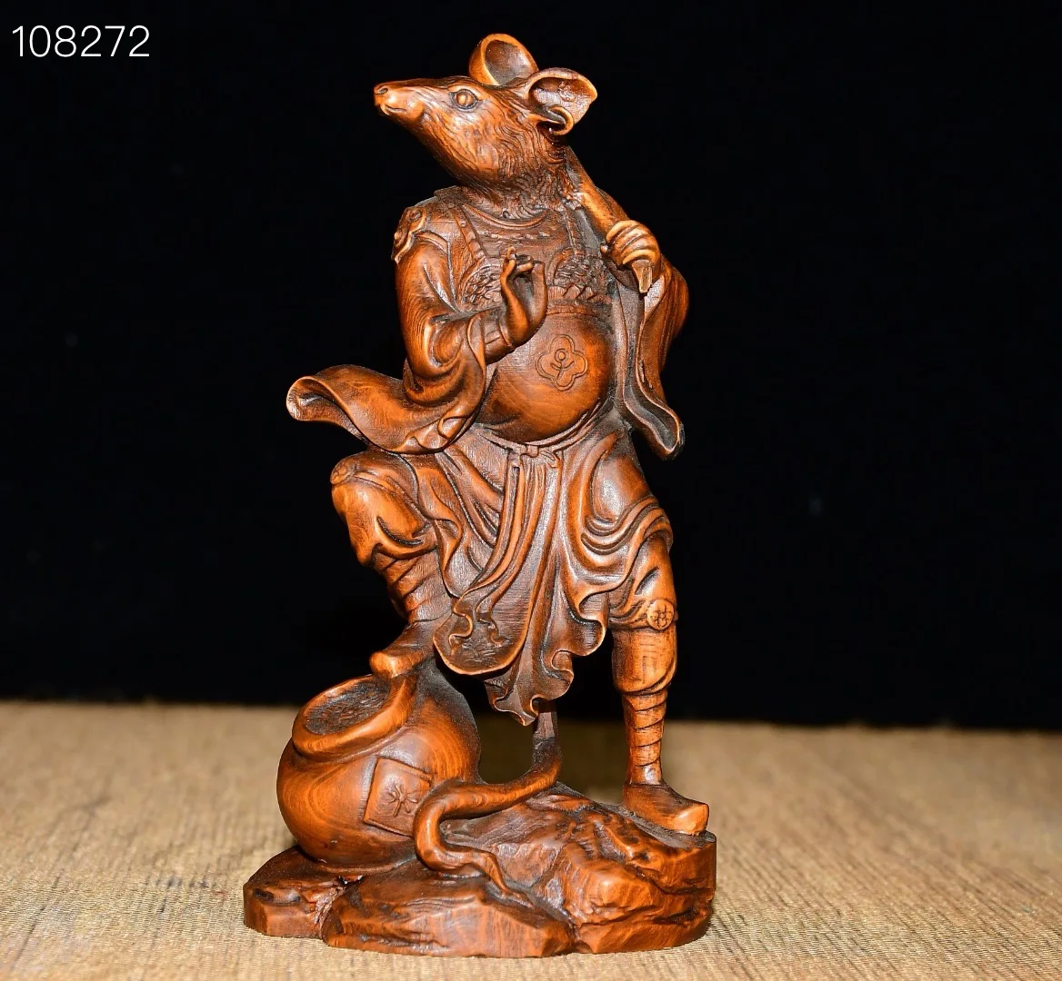 Old Boxwood Chinese zodiac rat statue Mouse head and human body immortal  Standing Buddha Town house Exorcism