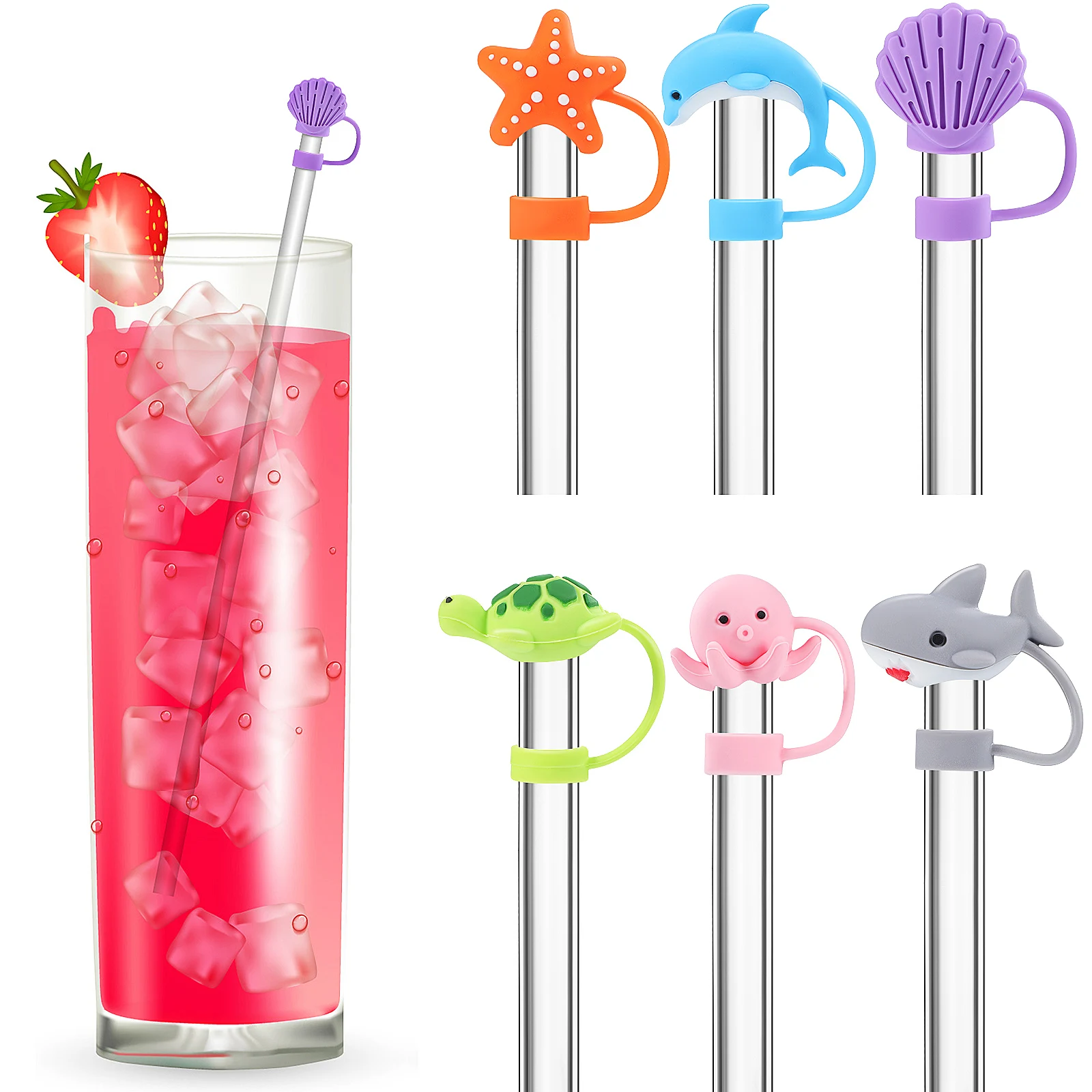 

6 Pcs 10MM Silicone Straw Caps Animal Toppers Cute Covers For Straws Sharks Dolphins Sea Stars Turtles Bar Drink Accessories