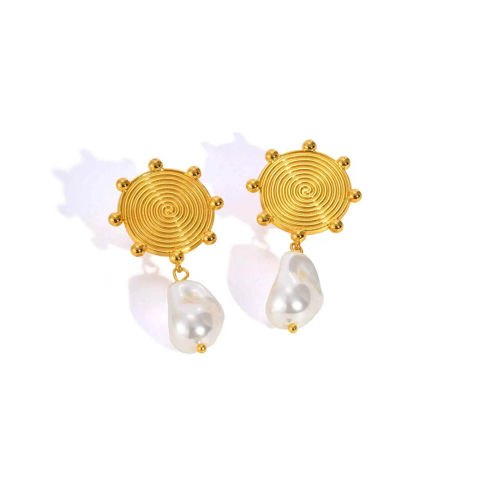 

Round Striped Geometric Pearls Dangle Drop Earrings for Women, 18K Gold Plated Stainless Steel Jewelry Water Resistant