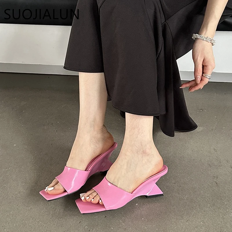 SUOJIALUN 2024 Summer New Brand Women Slipper Fashion High Wedge Heel Ladies Elegant Dress Slides Shoes Square Toe Slip On Sanda