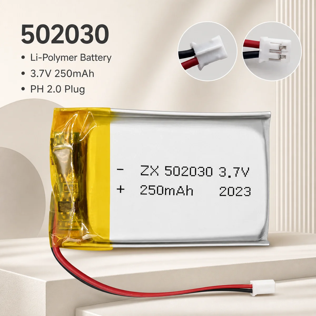Rechargeable 502030 LiPo Battery 3.7V 250mAh PH 2.0mm Plug Lithium Polymer Cell for Bluetooth Headset Car Toy Recorder