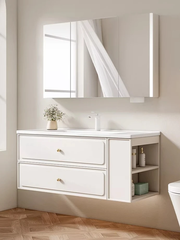 

French bathroom cabinet ceramic integrated basin side storage cream wind wash basin cabinet combination