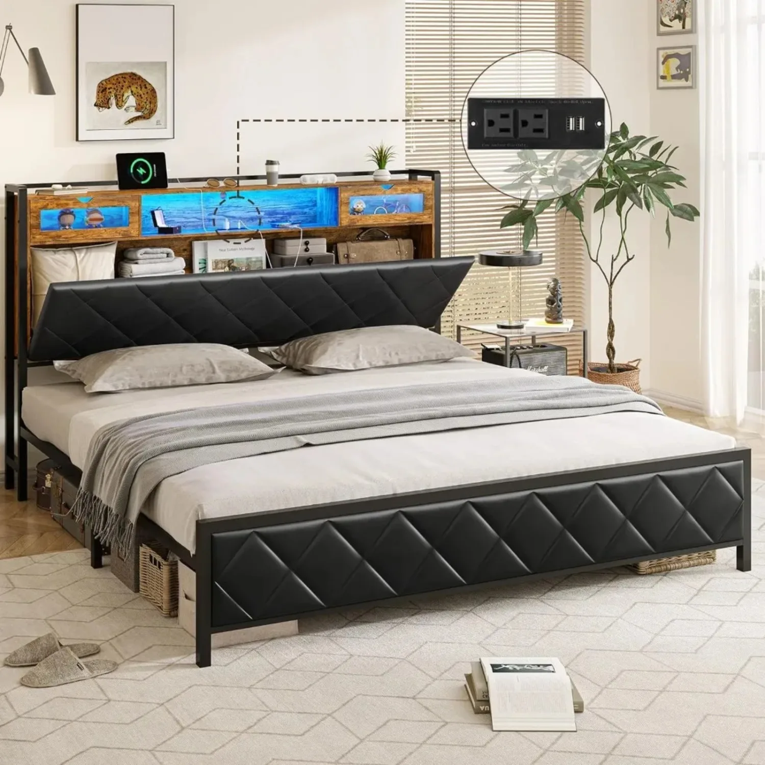 King Size Bed Frame, Storage Headboard &Charging Station, Platform Frame w/ Led Lights, Solid and Stable, Noise Free, Black