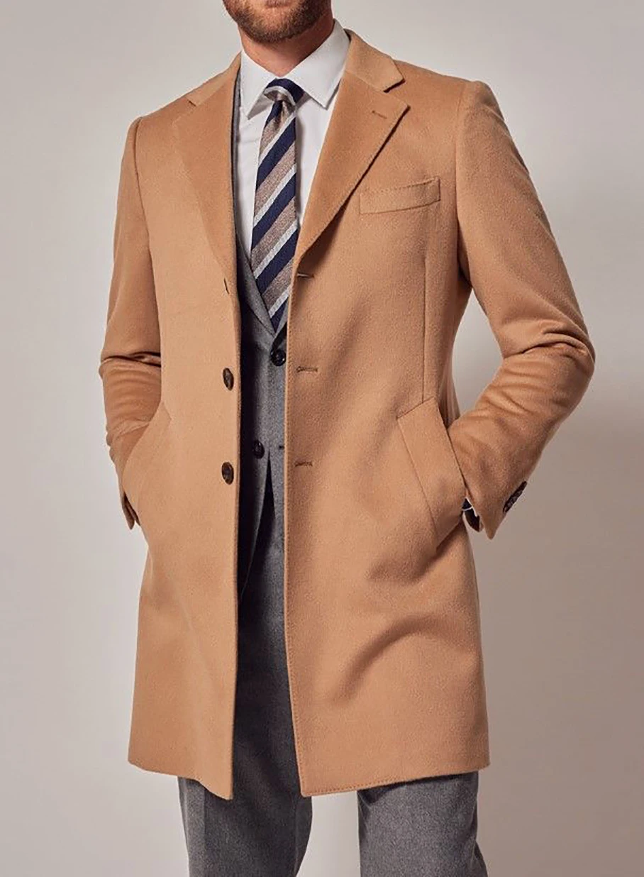 Camel Classic Wool Blend Coat For Men Formal Suits Outwear Notch Lapel Business Overcoat Plus Size Customized Winter Warm Jacket