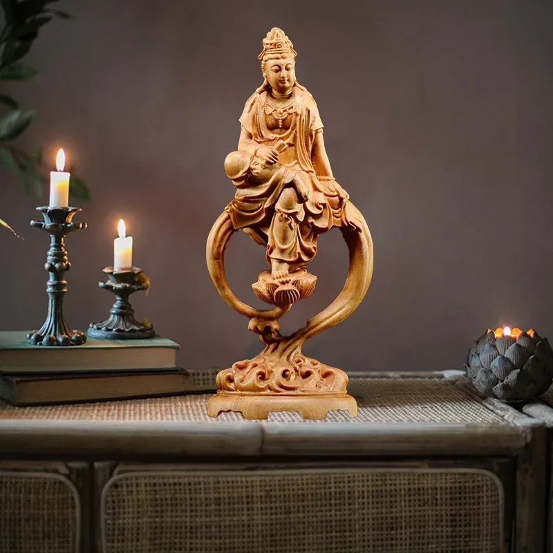 

Wooden Guanyin Buddha Bodhisattva Statue Hand-Carved , Buddhism Figure Home Room Office Feng Shui Statue 7.07 in