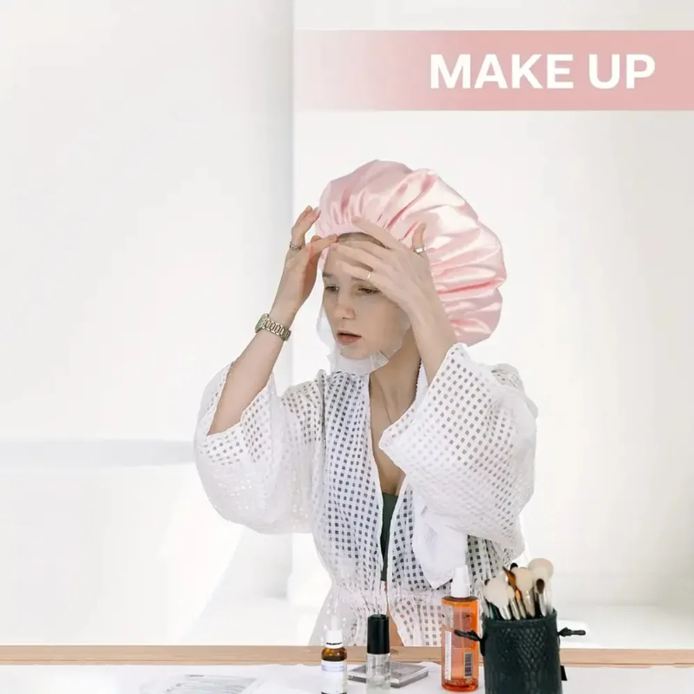 Touca de banho de camada tripla para mulheres, grande, forrada de terry, capa de cabelo grosso, touca de banho para viagem, cinza, macia, elástica