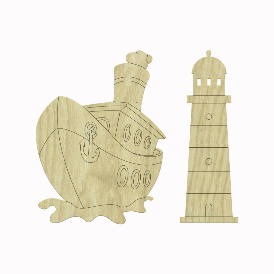 KD167 Lighthouse, Ship 2li Set Wooden Package Ornament, Hobby Wood Ornament