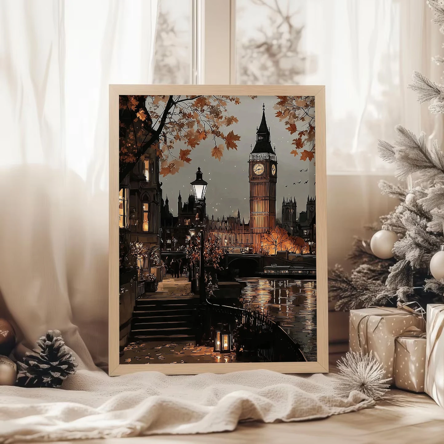 Warm London autumn watercolor cityscape poster,melancholic autumn wall decoration,vintage stone house street scene,home décor