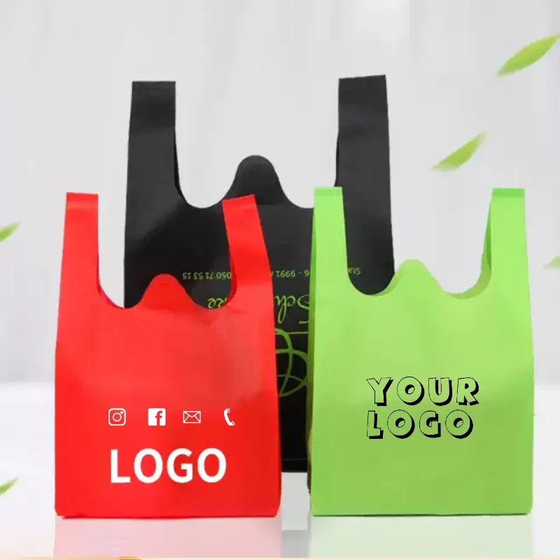 

50 шт. нетканых сумок-жилеток для покупок в супермаркете, экологичные сумки, подарочные упаковочные пакеты для праздников, с возможностью нанесения логотипа на заказ