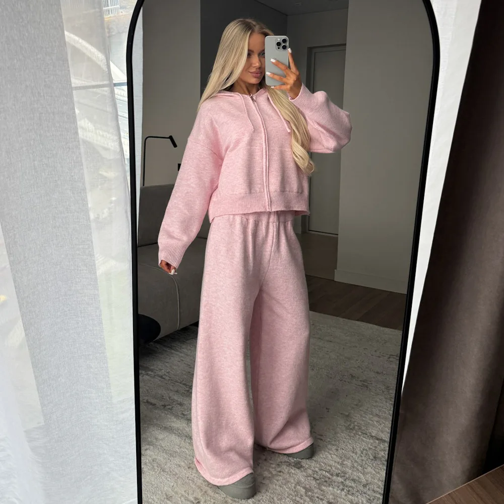 Autumn and Winter Women Sports Style Hoodie Wide Leg Pants Set Elegant Thick Warm Soft Antibacterial Knitted Sweater Pants 2Pcs view 2