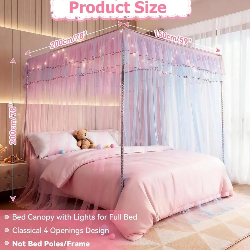 Full Size Bed with Lights, Luminous Stars, Bed Curtains, 4 Post Bed Drapes Netting, Blue & Pink - 78×59×78