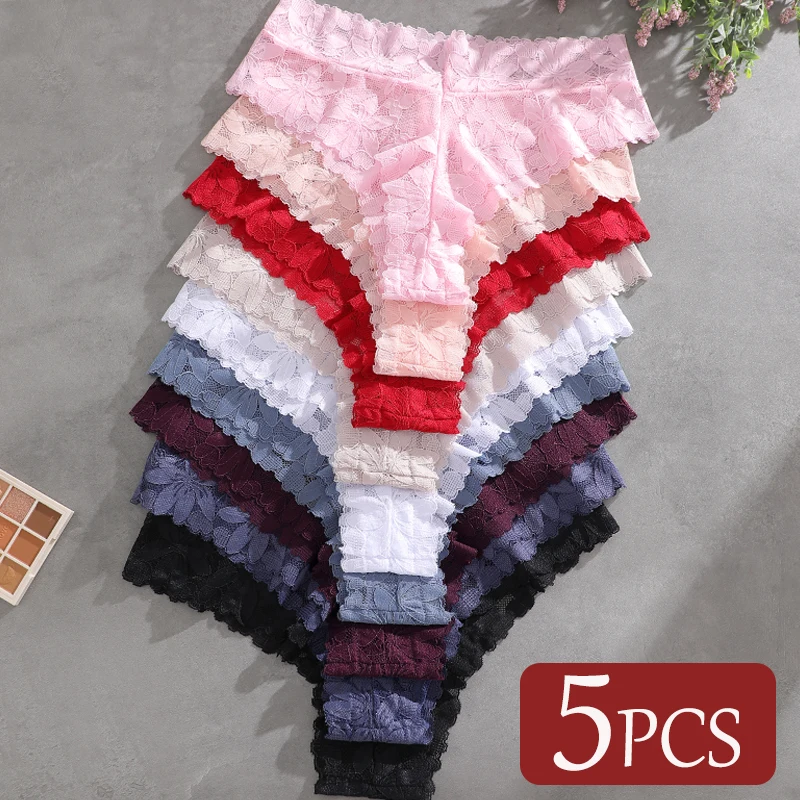 5PCS Spitze Floral Hohe Taille G-strings Sexy Transparent Atmungsaktive Höschen Aushöhlen Unterwäsche Weibliche Perspektive Dessous 2026