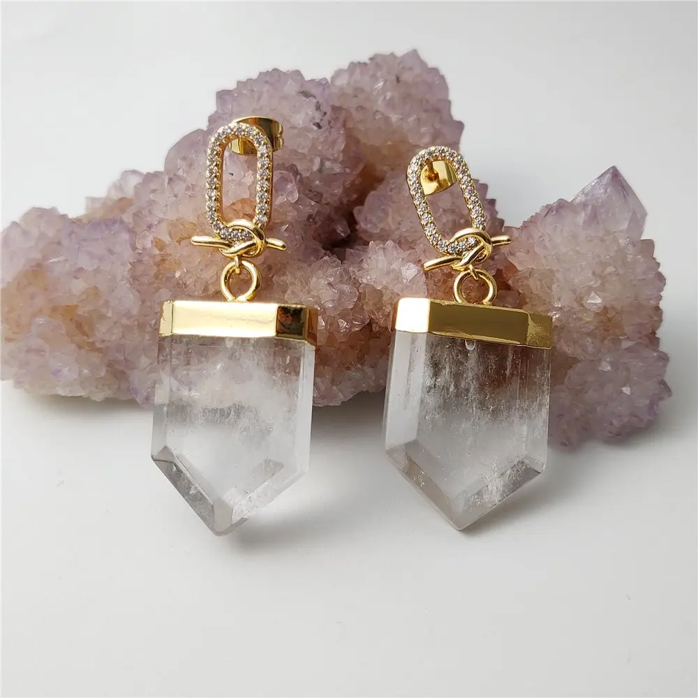 FUWO 1Pair Handcrafted Cubic Zircon Clear Quartz Earrings,Golden/Silver Plated Natural White Crystal Jewelry For Women ER211CZ