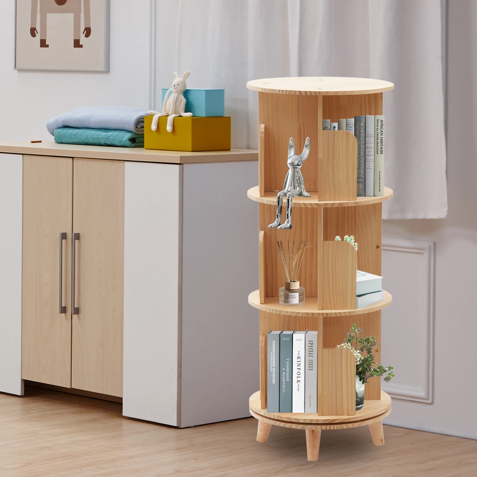 

3-Tier Rotatable Bookshelf 360° Floor Standing Book Case Storage Rack for Household Multi-Functional Bookshelf Organizer