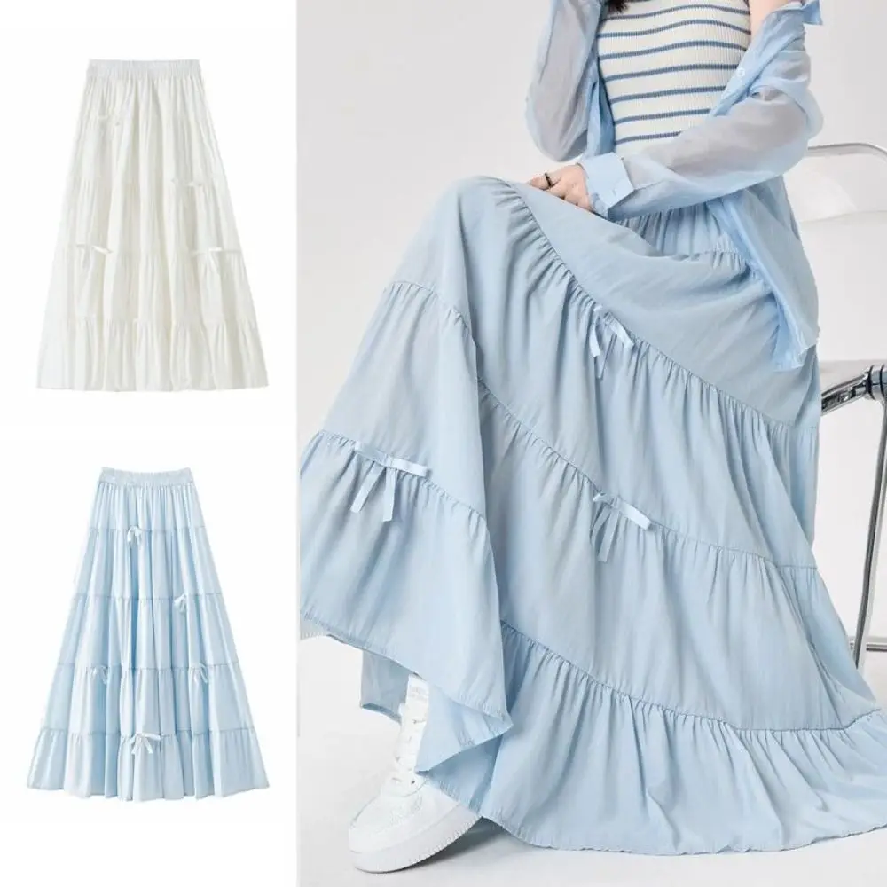 

Bowknot Tiered Midi Skirt Hight Waist Pleated Long Cake A-line Skirts Solid Color Chic Seven Point Long Dress Korea Style