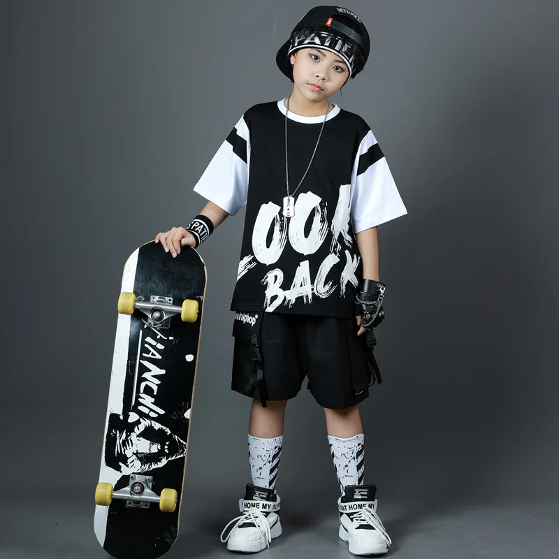 Mode Jongens Street Dance Kleding Sets Zomer Zwarte Brief Print T-shirt Shorts Outfits Groep Cool Streetwear Hip Hop Kostuums