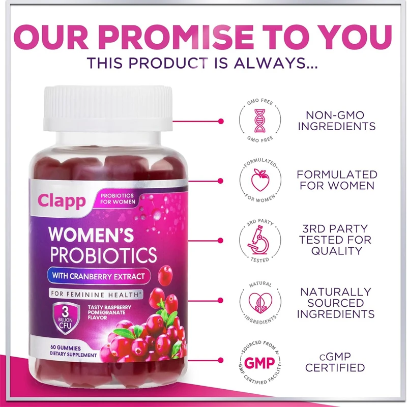 Female probiotics - gummies containing cranberries, used for digestion, pH, and immune health support, 3 billion colony units