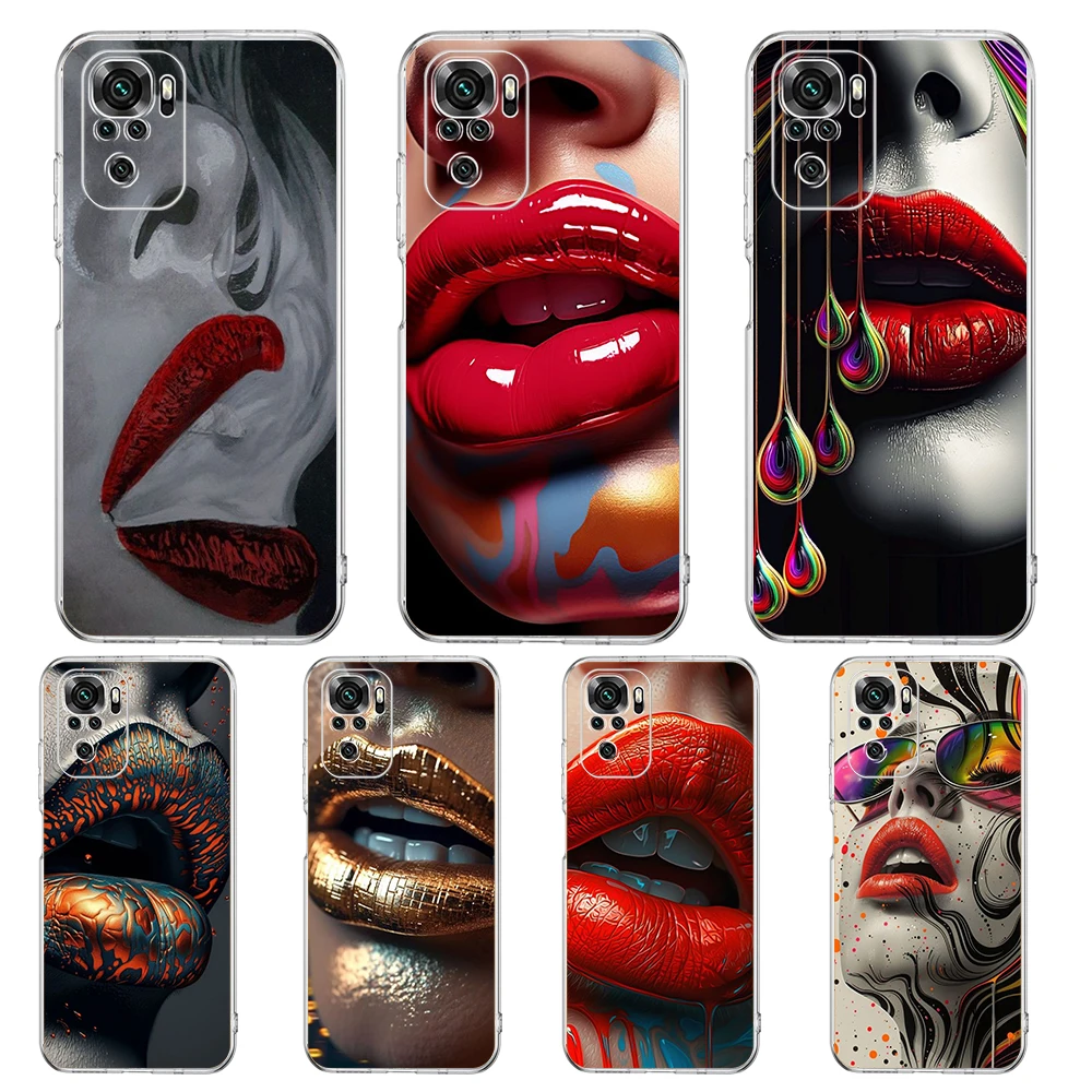 유행 입술 휴대폰 케이스 커버, 레드미 노트 10 11 11T 7 8 8T 9 K40 게임용 9A 9C 프로 플러스 투명 소프트 쉘 카파스 가방